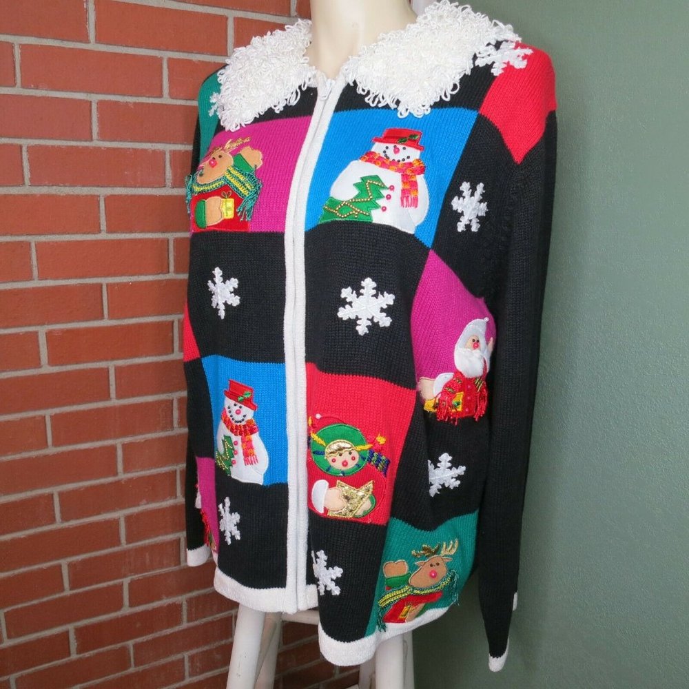 2X Christmas Sweater Cardigan Full Zip Santa Snowman Lisa International NWOT